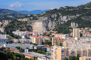 Top view on Nice, mountains, buildings, sea