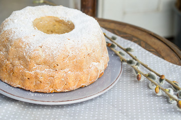 Easter cake with icing sugar and raisins with catkin
