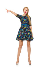 Fototapeta premium Woman in dark blue floral dress isolated on white