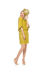 Pretty tall woman in yellow dress isolated on white