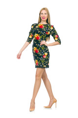 Woman in dark green floral dress isolated on white