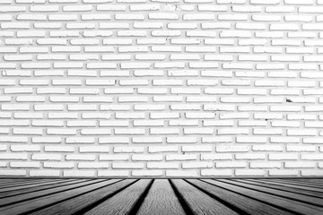 old wooden floor platform and White grunge brick wall background