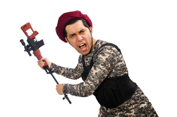 Soldier with a weapon isolated on white