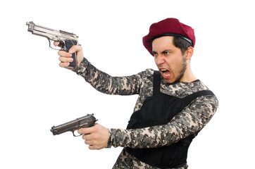 Soldier with a weapon isolated on white
