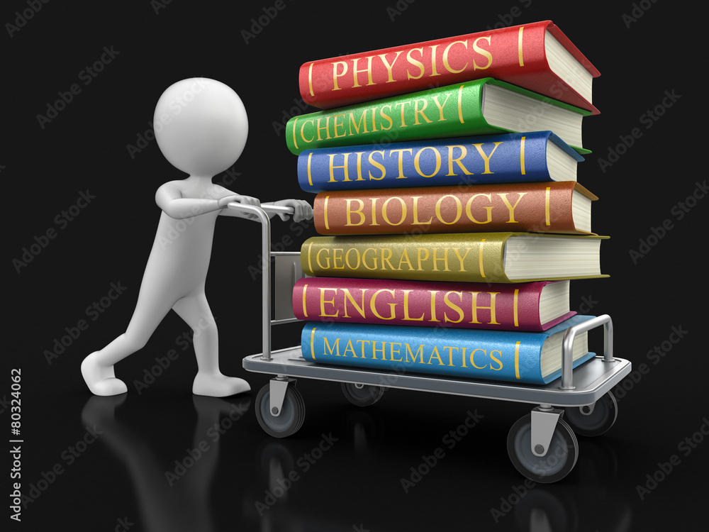 Poster man and handtruck with textbooks (clipping path included)