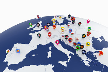 Europe map with countries flags location pins