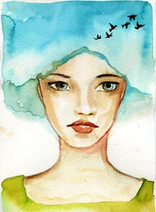 Poster de jardin Inspiration picturale illustration aquarelle abstraite représentant un portrait d& 39 une femme