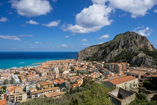 Bay in Cefalu Sicily city and hill