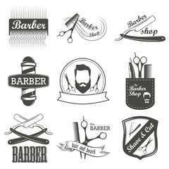 Set of vintage barber shop logo, labels, badges and design