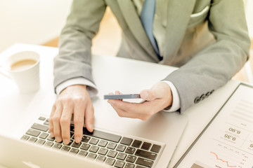 business, technology and internet concept - close up of man hand