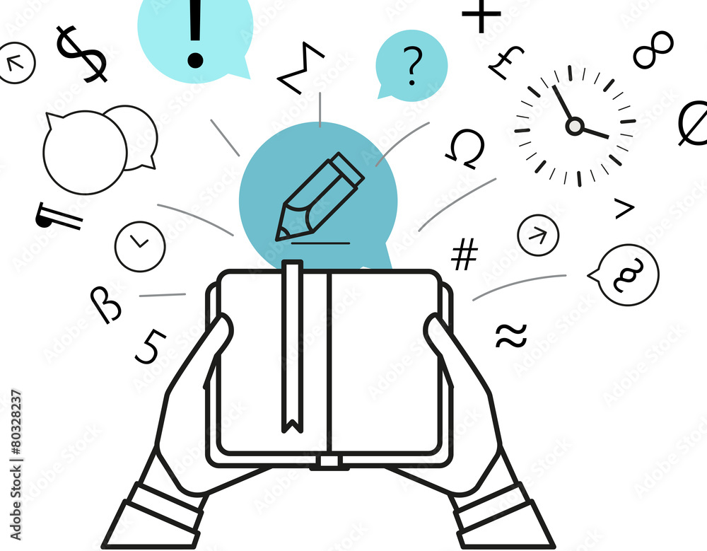 Poster getting information via book. simple line design illustration
