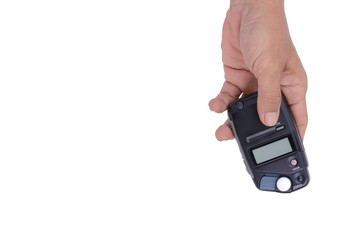 hand male with professional light metering or photometer tool, d