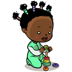 Funny cute cartoon baby collects a pyramid.Vector illustration