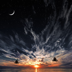 Mi-8 helicopters, warm sunset, sunset, moon and starry sky