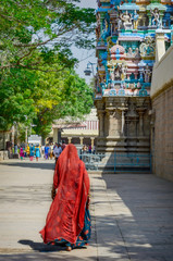 Woman in red sari at Meenakshi temple