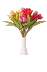 Vase with colourful tulips on white