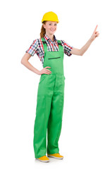 Female handyman in overalls isolated on white