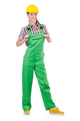 Female handyman in overalls isolated on white