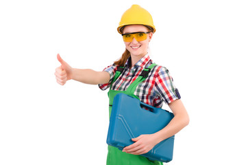 Female handyman in overalls isolated on white