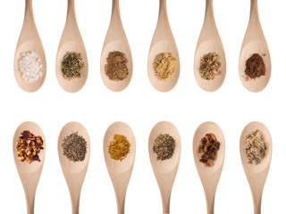 Fototapeta na wymiar Various spices on wooden spoons isolated on white