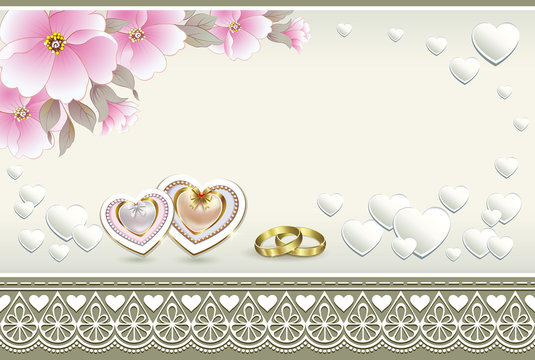 wedding card with rings and hearts on a background with flowers