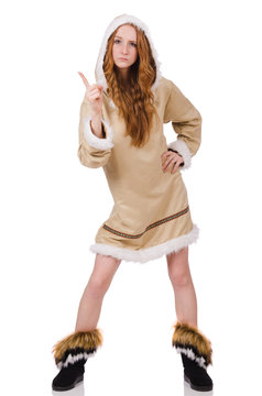 Eskimo girl wearing clothes of all fur isolated on white