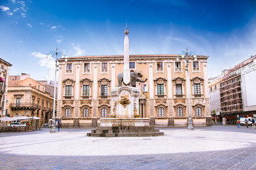 Elephant fountain and Cathedral Square, Catania, Sicily - obrazy, fototapety, plakaty