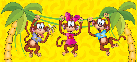 Obraz na płótnie Canvas Three monkeys hanging on vines. symbol 2016.