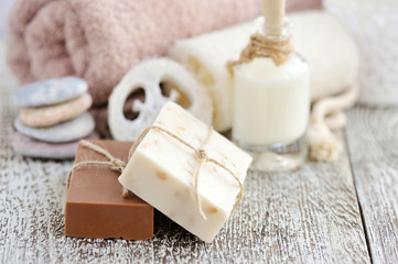 Fototapeta na wymiar Handmade soap with oatmeal, milk and cocoa
