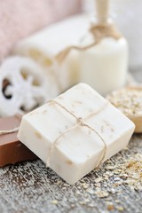 Fototapeta na wymiar Handmade soap with oatmeal, milk and cocoa