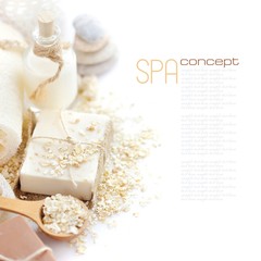 Fototapeta na wymiar Handmade soap with oatmeal, milk and cocoa on a white background