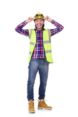 Young construction worker in helmet isolated on white