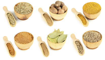 Collage of different spices in bowls isolated on white