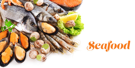 Fresh fish and other seafood isolated on white