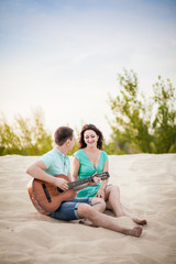 guitar, couple, beach