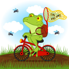 frog on a bike catches flies - vector illustration, eps
