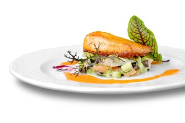 Salmon. Grilled Salmon Steak  with Spinach, Tartare Cream and