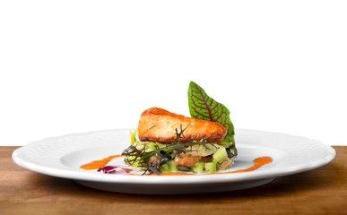 Salmon. Grilled Salmon Steak  with Spinach, Tartare Cream and