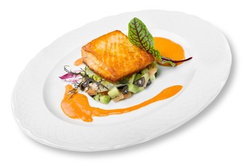 Salmon. Grilled Salmon Steak  with Spinach, Tartare Cream and