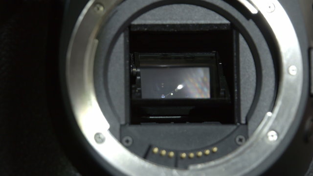 A camera lens opening the shutter