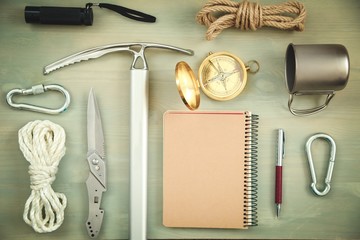 Camping. Scientific expedition and travel background. Overhead