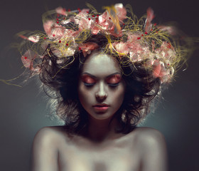 Creative beauty portrait with pink wraith in hair - obrazy, fototapety, plakaty