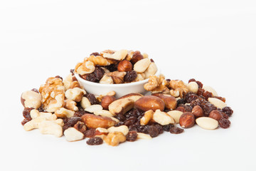 Mix of nuts close up on white.  mixed nut