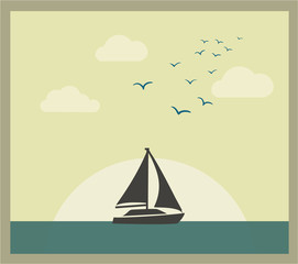 Retro vector card with sailboat against sunset