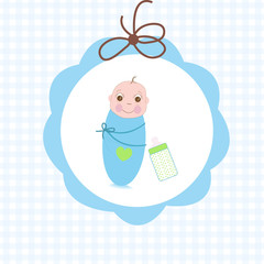 Newborn swaddle baby boy with bottle greeting card