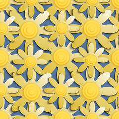 Seamless pattern with yellow flowers on a blue background.