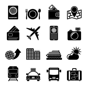 Silhouette travel, transportation and vacation icons