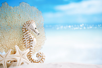 seahorse with white starfish on white sand beach, ocean,  sky an © Elena Moiseeva