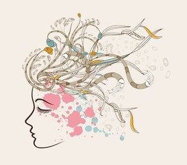 Beautiful doodle girl silhouette with floral ornaments