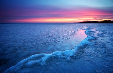 Fototapeta premium Winter landscape with sunset sky. Composition of nature.
